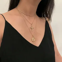 Retro Flower Cross Pendant Multi-layer Necklace Simple Embossed Figure Personality Geometry Necklaces Women Jewelry Retro Flower Cross Pendant Multi-layer Necklace Simple Embossed Figure Personality Geometry Necklaces Women Jewelry