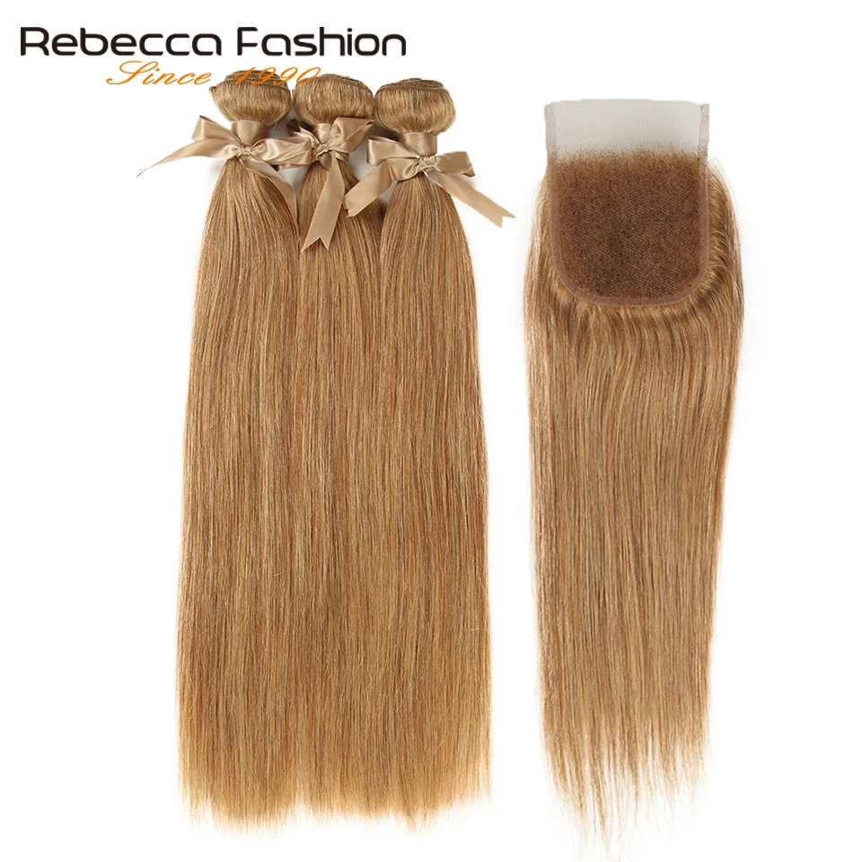 

Rebecca Brazilian Straight Hair 3 Bundles With Closure Free Part Mix Color 27/30 Remy Human Hair Bundles With Closure