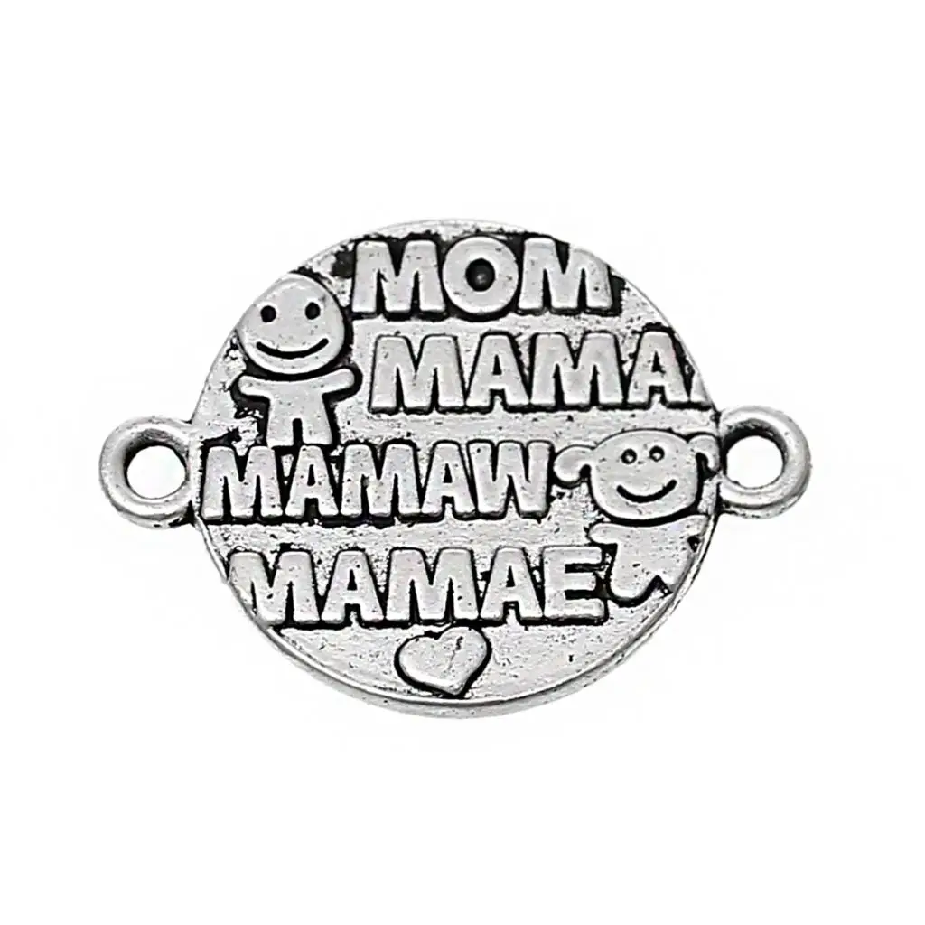 

8SEASONS Connectors Findings Round Antique Silver Message "Mom MAMA" Carved Heart Pattern 28mm x 21mm,50 Pcs