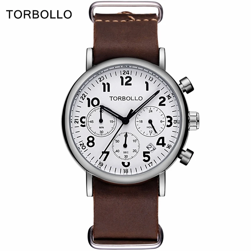 

TORBOLLO Men Watch Top Fashion Brand Male Clock Silver Case Calendar Display Real Leather Strap Waterproof Wristwatches Hot Sale