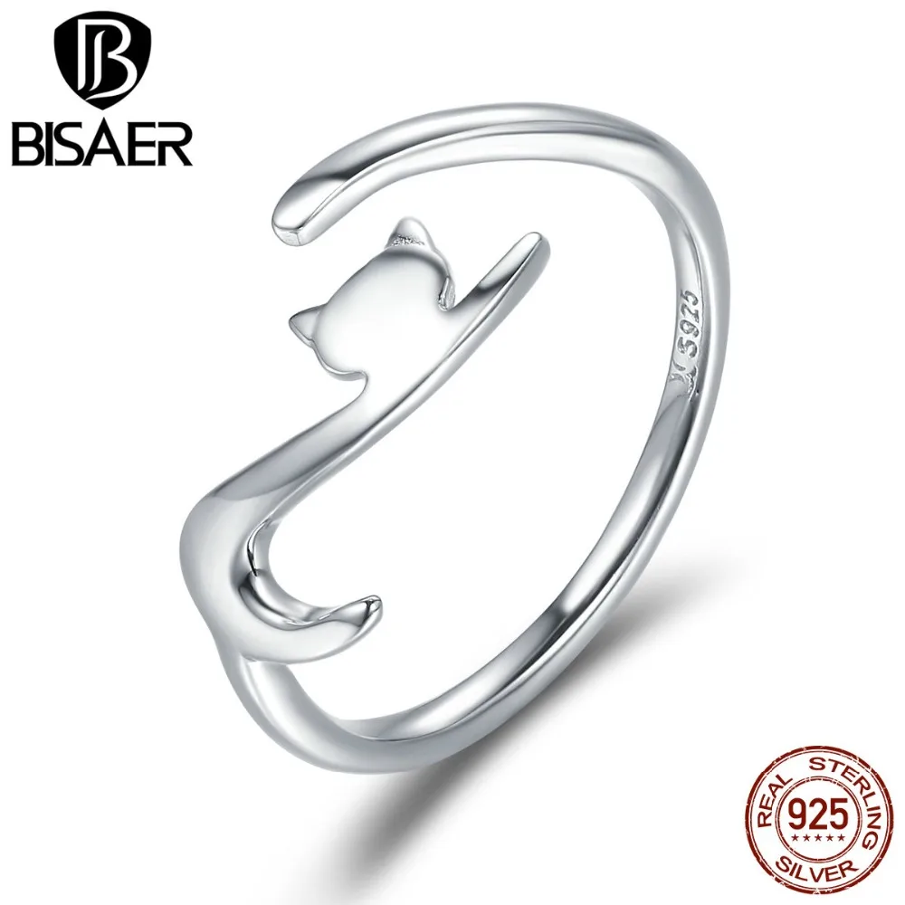 Genuine 100% 925 Sterling Silver Cat Ring Cute Animal Open Size Finger Rings for Women Sterling Silver Engagement Jewelry ECR220 afbeelding