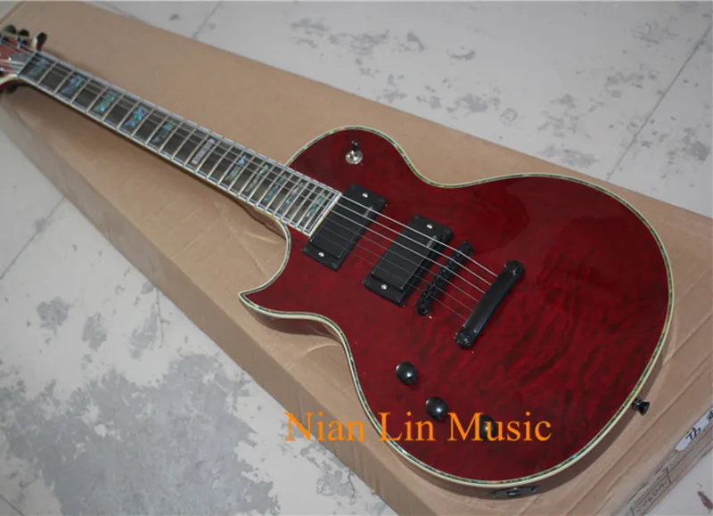 

6-String Electric Guitar,Left-hand Version,24 Frets,Red Color Body with Quilted Maple Veneer,Black Hardware,can be Customized