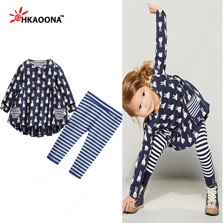 Spring Baby Girls Clothing Sets 2 Piece Suit Cartoon lovely Rabbit Pattern Long Sleeves Dress Stripe