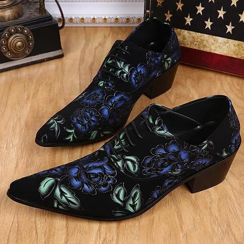 Men Fashion Casual Shoes Retro Low Heels Pointed Toe Lace Up Mixed Colors Flower Prints Spring Autumn Wholesale Men Shoes