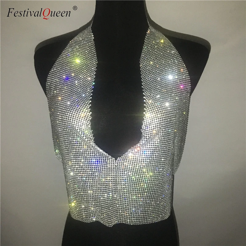 FestivalQueen lady rhinestone party backless tops sexy women summer glitter crystal diamonds crop top beach nightclub