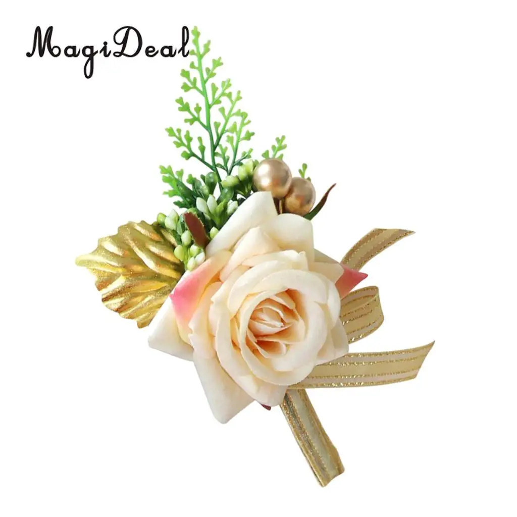Romantic Artificial Rose Flower Pearls Wedding Corsage Boutonniere for Bridal Groom Fancy Dress