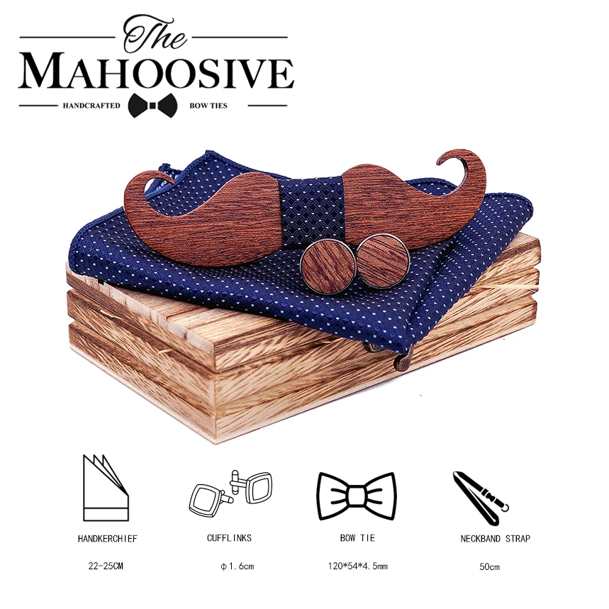  Mustache Wood Bowtie Handkerchief Cufflinks Sets for Mens Suit Wooden Bow tie dropshipping Bow Tie 