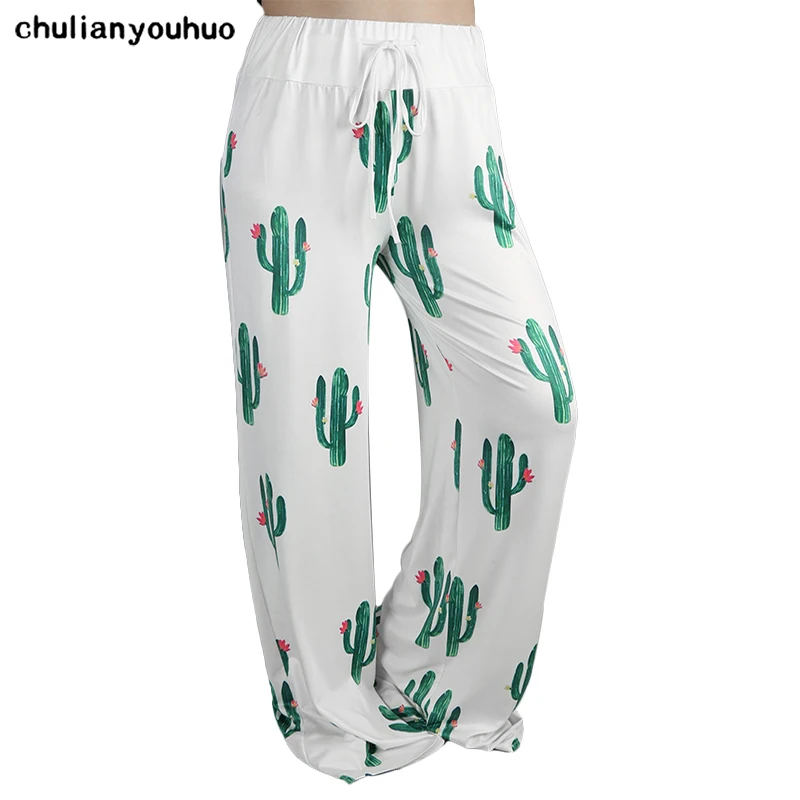 

Chulianyouhuo Women Wide Leg Pants Drawstring Cactus Print White Elastic Female Loose Long Pants Slim Casual Sporting Trousers