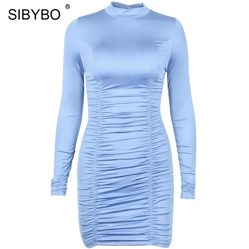 Sibybo Turtleneck Long Sleeve Autumn Dresses for Women Fashion Sheath Pleated Mini Dress Women Black Casual Women Dresses Winter