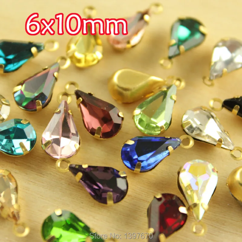 

36pc 6x10mm teardrop glass crystal Vintage shining Rhinestone single Daggle Beads pendant with gold casting connectors