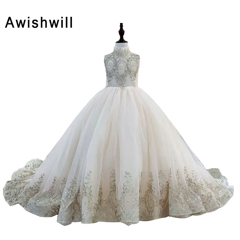 Новое поступление платье с цветочным узором для девочек 2019 Высокая шея Кружева Тюль бальное платье Нарядные платья для девочек платье на