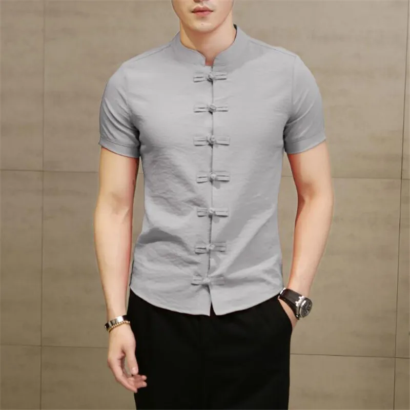 Новые летние для мужчин рубашка Мода китайский стиль льняные Slim Fit повседневное рубашка с короткими рукавами Camisa социальных платье в деловом стиле рубашк