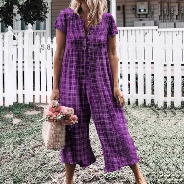 3XL Women Button Wide Leg Jumpsuit Summer V Neck Short Sleeve Linen Rompers Plaid Print Loose Overalls Playsuit | Женская одежда
