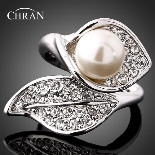 

Chran New Silver color Stellux Austrian Crystal Pearl Calla Flower Rings For Women Jewelry Accessories Free Shipping DFDR01842