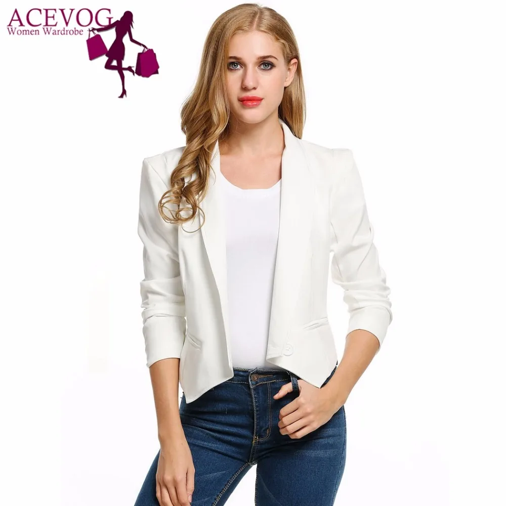 ACEVOG Women Blazer Short Jacket Autumn Spring Fashion Lapel Long Sleeve Open Front Solid Casual Suit Work Office Suit Tops Blazer