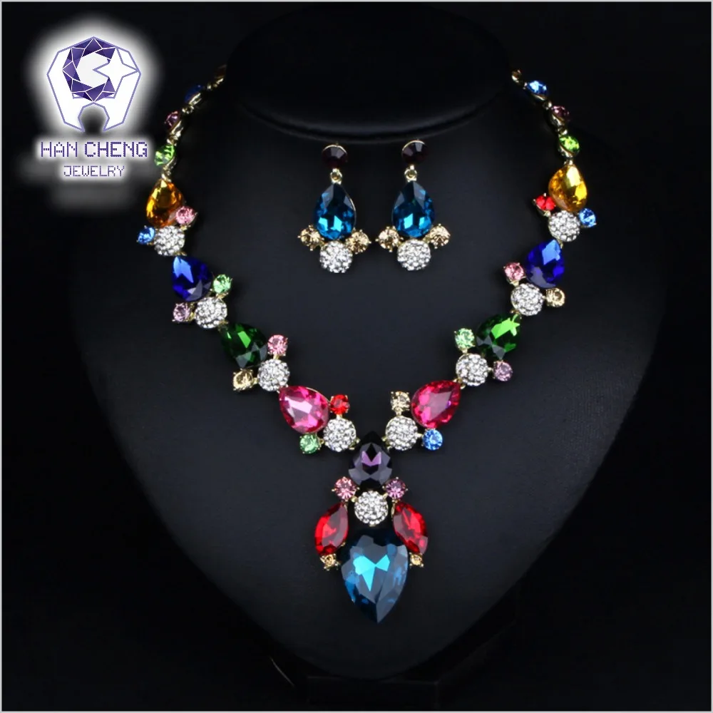 

HanCheng Fashion Luxury Bohemian Big Created Crystal Rhinestone Statement Choker Necklace/Earrings Women Jewelry leagtha collier