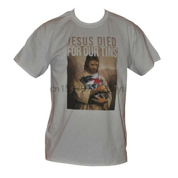 Футболка JESUS DIED FOR OUR TINS PABST синяя лента пиво мужская белая Размеры S до 3XL |