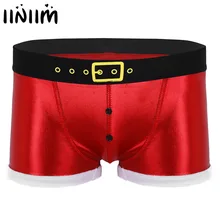 Красные мужские новинки Санта Клаус плотные боксеры шорты искусственная кожа Печатный ремень шаблон Рождество косплей костюм нижнее белье трусики