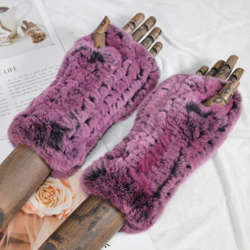 Мода для девушек натуральный настоящий мех кролика перчатки Хорошие эластичные вязаные кроличьи меховые варежки леди Настоящий мех кролика перчатки - Цвет: purple pink