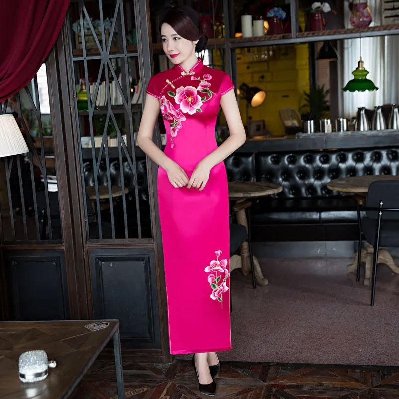 S-4XL ярко-розовые женские длинные Cheongsam Весна китайский стиль воротник стойка короткий рукав Qipao женские тонкие Вечерние платья Vestido