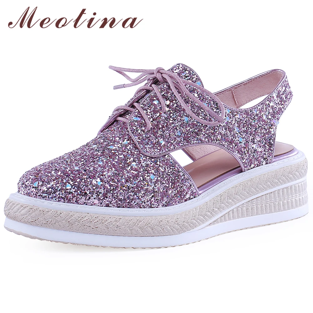 

Meotina High Heels Women Pumps Glitter Cutout Platform Wedge Heels Shoes Luxury Lace Up Slingbacks Shoes Female Plus Size 34-42