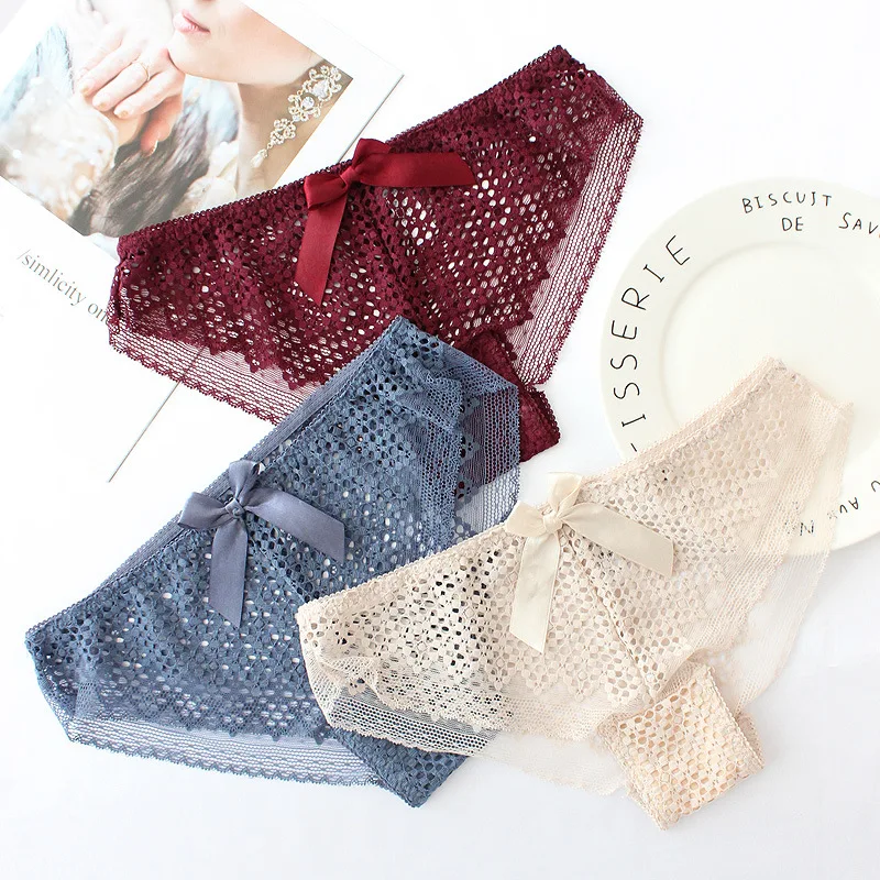 

Roseheart Women Fashion Red Soft Lace Trim Cotton Bow Low Waist Panties Women Underwear Lingerie Briefs Plus Size 3 Pieces