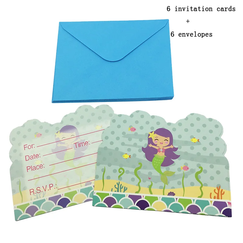 

6pcs/lot New Lovely Cartoon Little Mermaid Invitation Card with envelope for girls Birthday party supplies&decoration