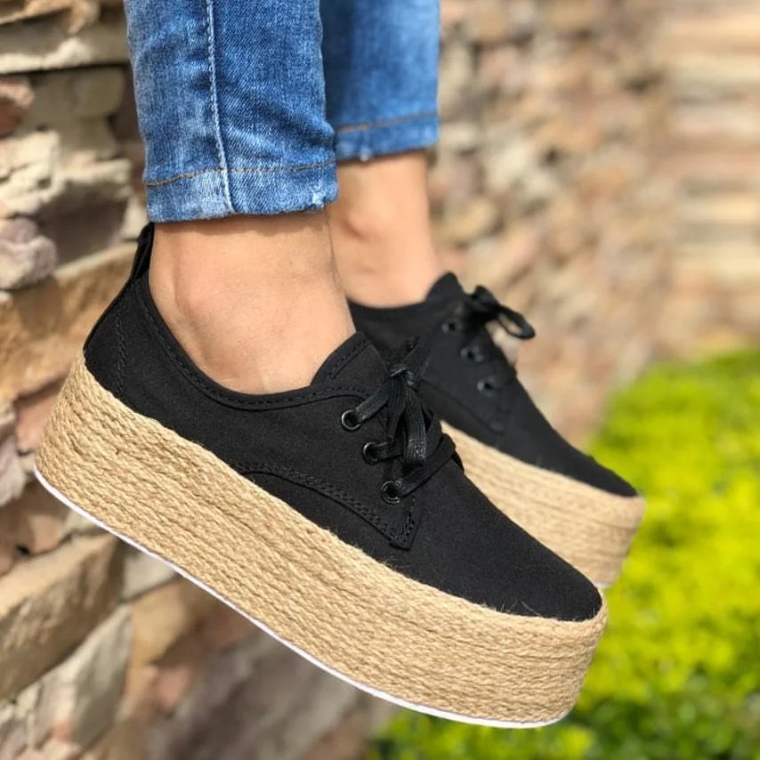 

Litthing 2019 Fashion Women Ladies Espadrille Shoes Canvas Thick bottom Flats Shoes Girls Lace up Round Toe Casual Flats