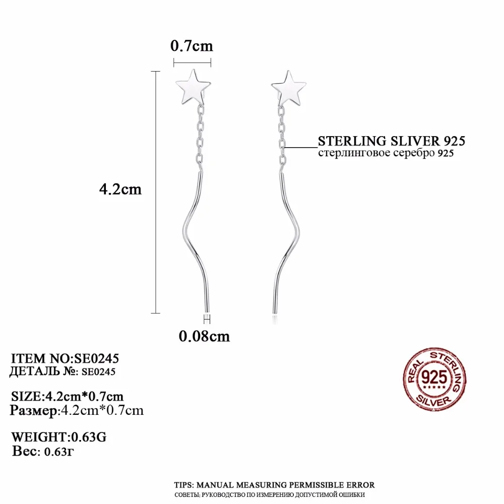 LUOTEEMI, милые трендовые висячие серьги в форме звезды из 925 пробы серебра, длинные висячие серьги, ювелирные изделия,, для женщин, вечерние