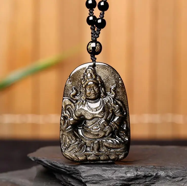 

Koraba Fine Jewelry Natural Black Gold Obsidian Hand-carved Tara Bodhisattva Patron Saint Pendant Free Shipping