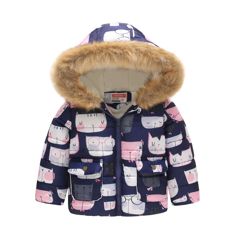 Куртки для маленьких девочек; осенне-зимние пальто для мальчиков; куртки для младенцев; Детское пальто с меховым воротником и капюшоном; теплая верхняя одежда; детская одежда - Цвет: Blue cat