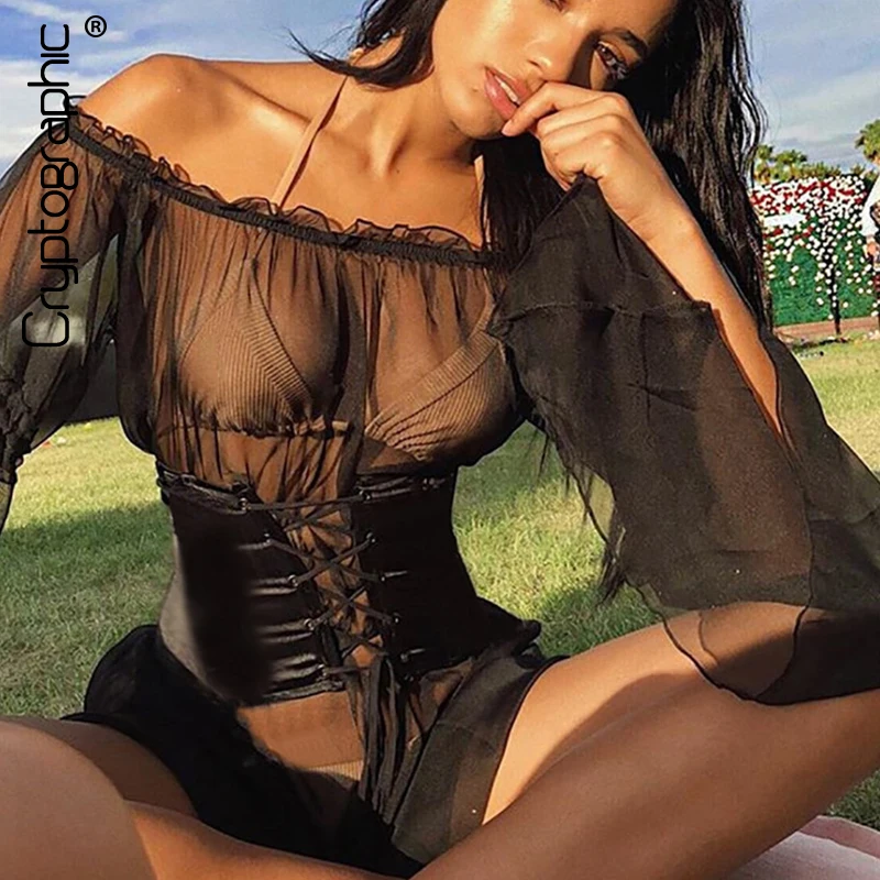 

Cryptographic new fashion mesh see-through dress high waist lace up off shoulder sexy dresses flare sleeve sashes 2019 spring