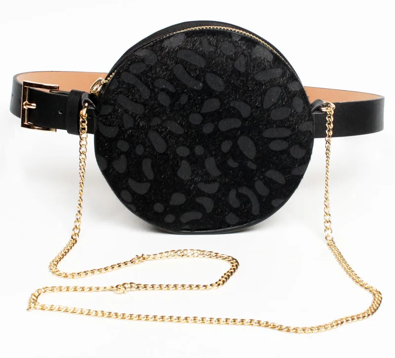 Элитный бренд цепи Леопардовый талии сумка Для женщин Круглый карманные поясная сумка сумки на плечо Crossbody дамы поясная сумка кошелек