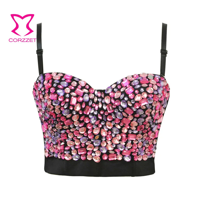 

Corzzet Women's Pink Diamonds Beading Strap Bustier Racer Bustiers Top Cotton Corsets and Bustier Gothic Crop Bra Top Plus Size