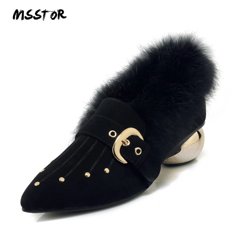 

MSSTOR Fur Shoes Women 2018 Fashion Pointed Toe Rivet Buckle Strap Sexy Heels Black Party Winter Shoes Elegant Pumps Shoes Women