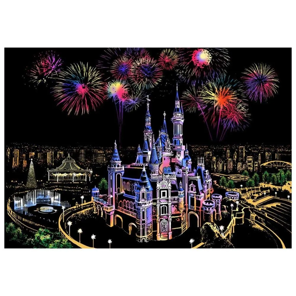

Night View DIY Handmade City Night Landscape Scratch Painting Book + Scratch Brush Set Birthday Card Gift for Kids or Adult