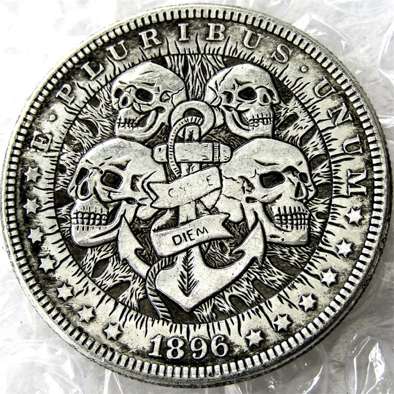 

HB(24) US 1896 Morgan Dollar skull zombie skeleton hand carved Copy Coins