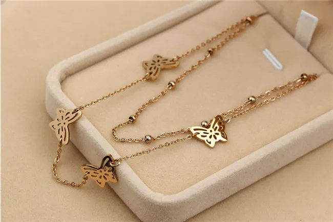 Martick-Stainless-Steel-Gold-Plated-Butterfly-Pendant-Necklace-Double-Layer-Beads-Link-Chain-Necklace-Fashion-Jewelry