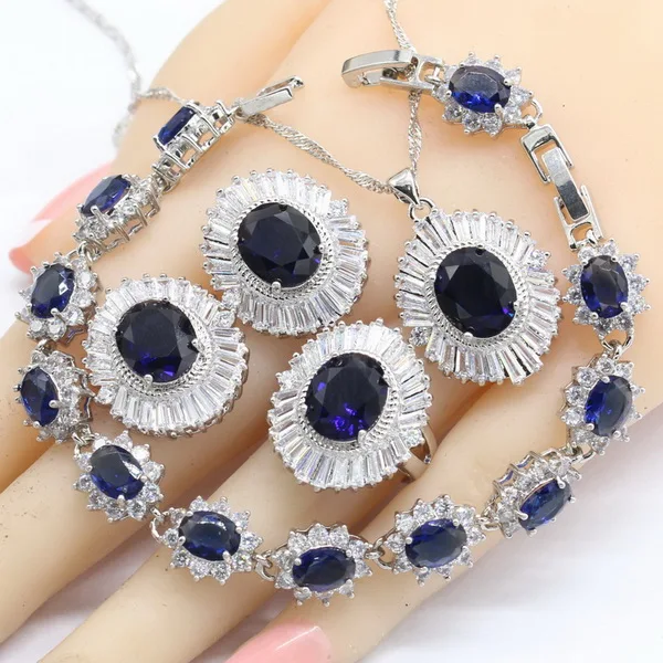 Овальные темно-синие полудрагоценные женские серебряные Ювелирные наборы ожерелье кулон серьги кольца расширенные браслеты подарок на день рождения - Окраска металла: 4PCS Set