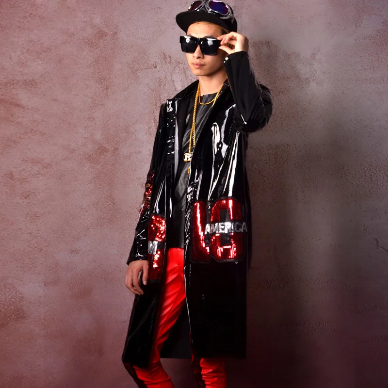 Мужской кожаный Тренч с блестками, мужская куртка в стиле хип-хоп, длинная куртка-ветровка, суперзвезда, модное шоу, сценические костюмы