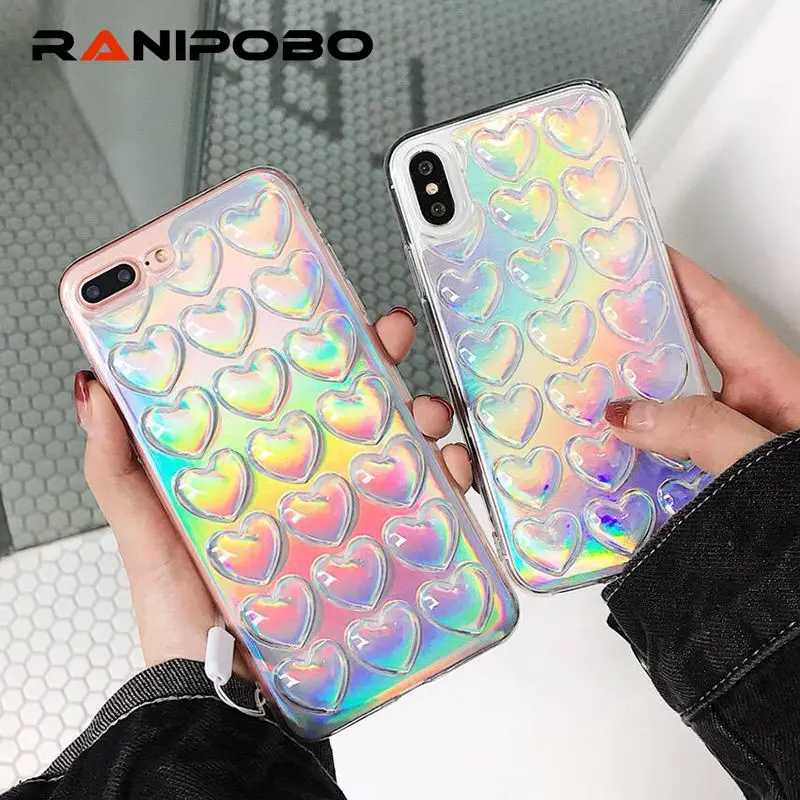 

Fashion Laser LOVE Heart Phone Case For iPhone X 6 6S 7 8 Plus Colorful Soft TPU Phone Back Cover With Lanyard for iPhone6 Plus