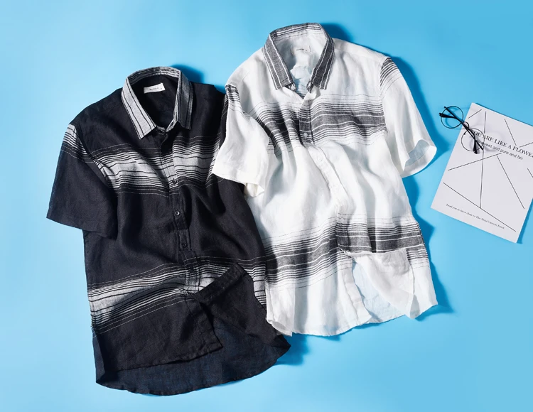 Мужская Летняя Модная брендовая рубашка в японском стиле, винтажная простая льняная рубашка в полоску с коротким рукавом, мужская повседневная свободная тонкая белая черная рубашка