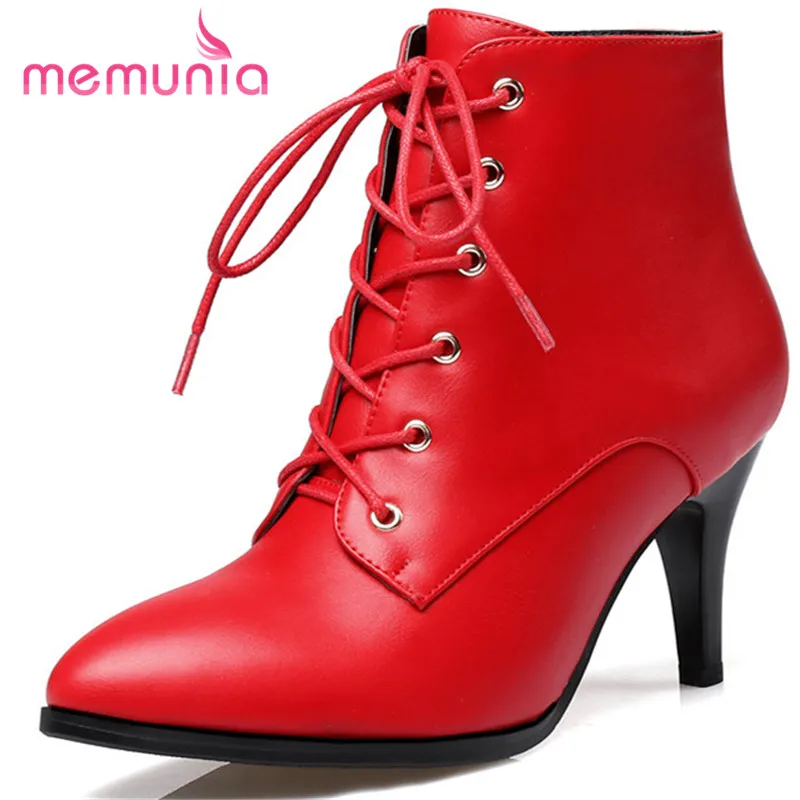 

MEMUNIA 2020 hot sale ankle boots elegant cross tied fashion boots stiletto heels pointed toe winter boots big size 32-43