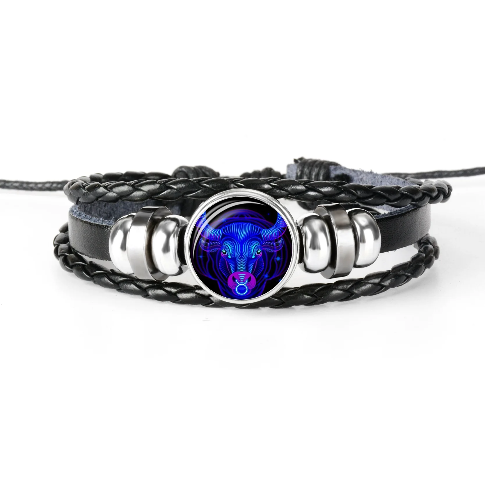 12 Constellation Zodiac Sign Black Braided Leather Bracelet Cancer Leo Virgo Libra Woven Glass Dome Jewelry Punk Men Bracelet - Окраска металла: XZS005-2