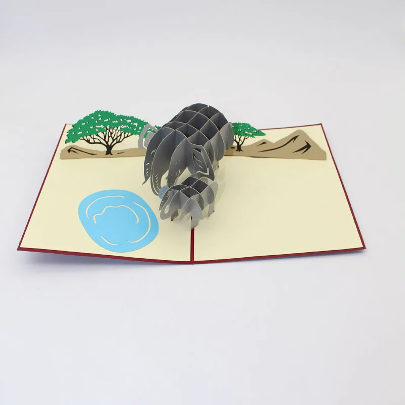  3D Laser Cut Folding Handmade Thailand Cartoon Elephant Paper Invitation Greeting Cards+Envelope Bi - 32804296057