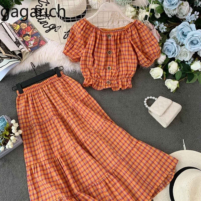

Gagarich Women Two Piece Set 2019 Fashion Plaid Midi Skirt Summer Short Style Slash Neck Lattice Top