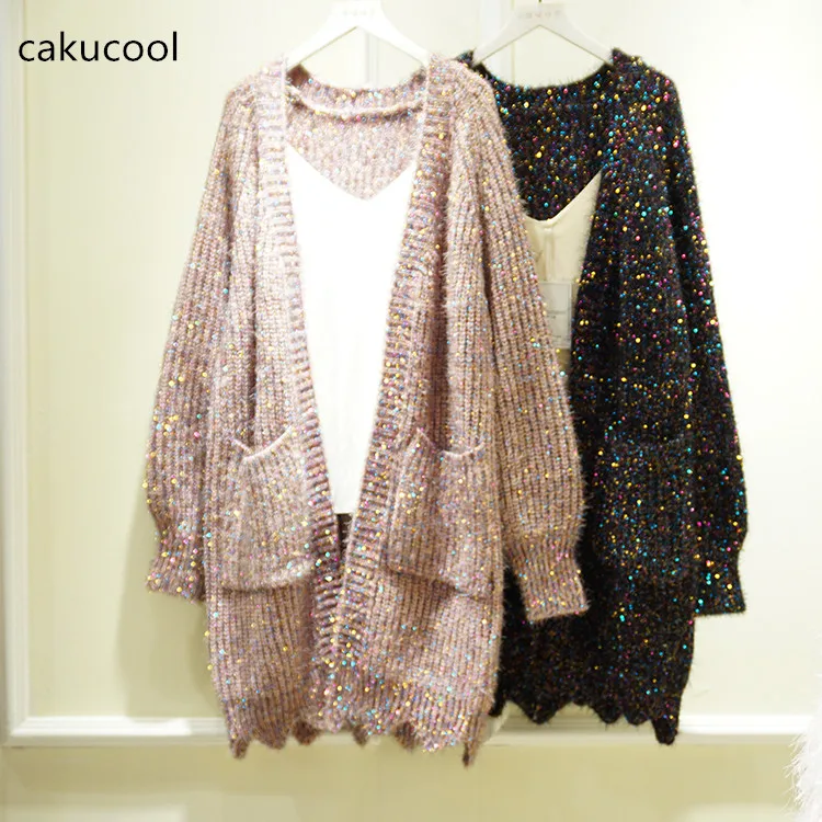 

Cakucool Women Gold Lurex Open Stitch Bling Sequins Midi Long Cardigan Loose Korean Sweater Shiny Knit Coat Outerwear Femme Plus