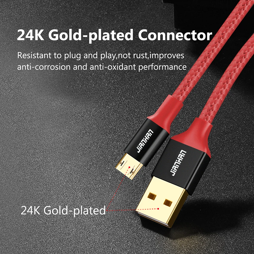 Кабель Micro USB JIANHAN 1 м 2 двусторонний для Xiaomi Redmi Note быстрая зарядка мобильный