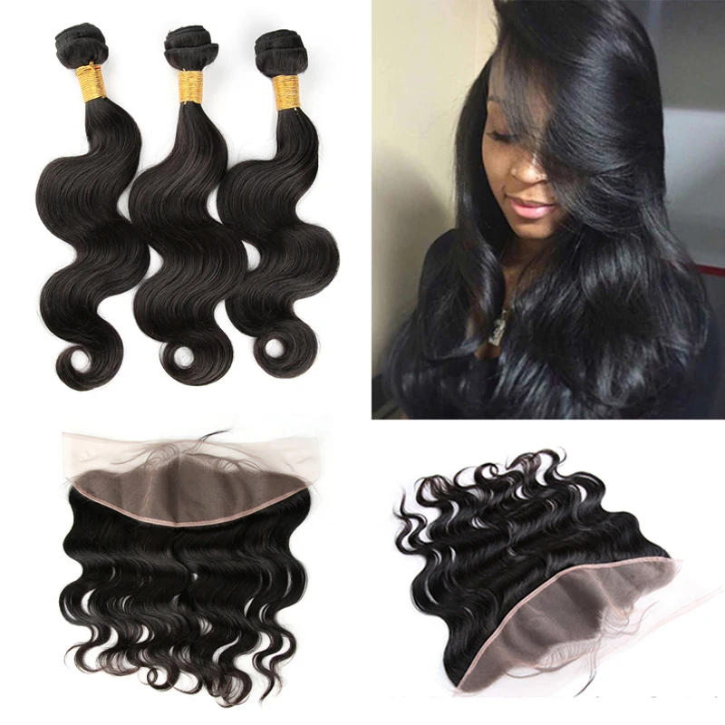 Brazilian Pre Plucked lace frontal closure with 3pcs brazilian body wave hair bundles 4pcs lot Hot beauty hair frontals