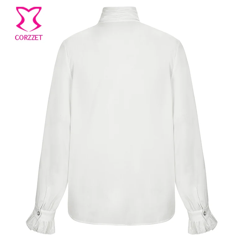 White Lace Ruffled Stand Collar Long Sleeve Victorian Medieval Cosplay Vintage Shirt Men Gothic Top Plus Size Steampunk Clothes